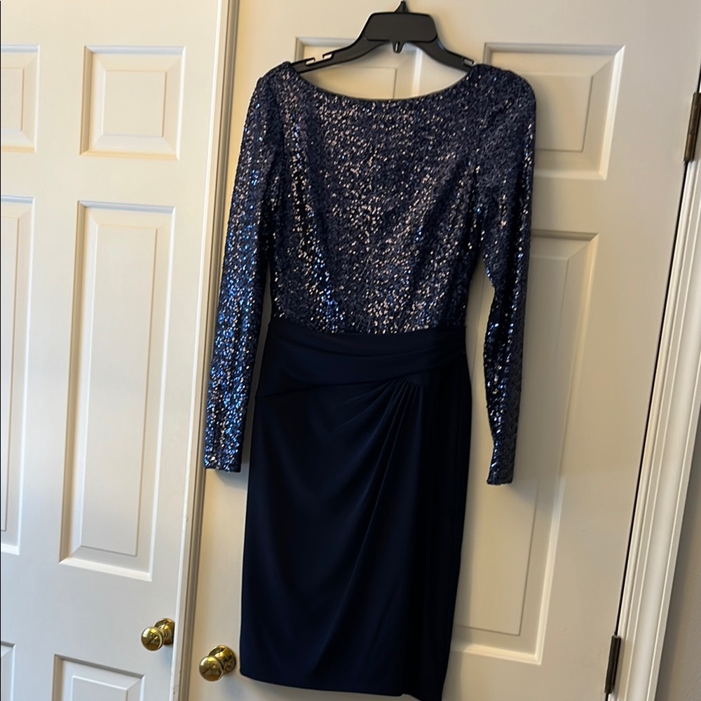 Blue Sequin Long Sleeve Sheath Cocktail Dress